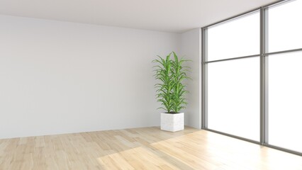 Interior mockup with panoramic window and and plant in the pot on empty living room wall background. 3D rendering, illustration