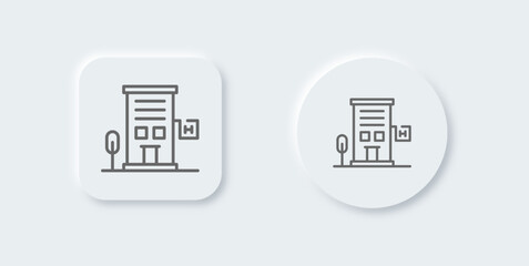 Hotel line icon in neomorphic design style. Resort signs vector illustration.