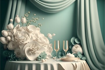 Wedding, marriage, engagement, anniversary celebration invitation card blue background design empty template with modern, elegant, and luxurious design with decorated dinner table