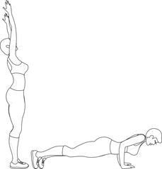 The girl does sports exercises. Exercise lying on bent arms. Cartoon.  Black outline