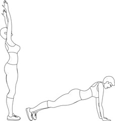 The girl does sports exercises. Exercise lying on straight arms. Cartoon. Black outline