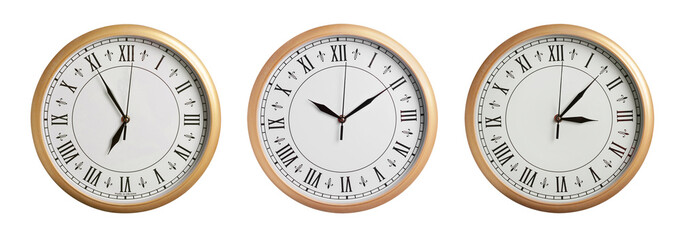 Stylish clock showing different time on white background, collage design