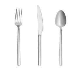 Shiny silver cutlery set on white background, top view