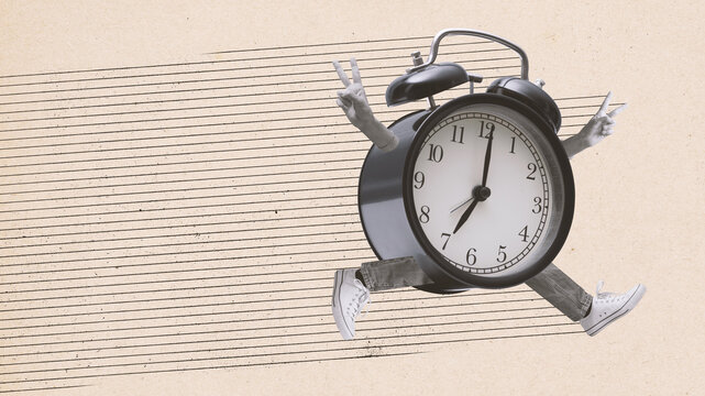Cheerful alarm clock character running
