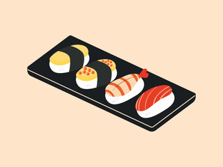 Asian food sushi on wooden board with sushi chopsticks