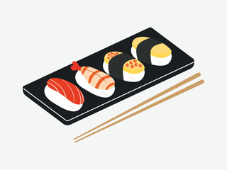 Asian food sushi on wooden board with sushi chopsticks © Kilenton