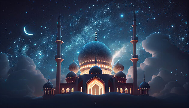 Ramadan kareem eid al-fitr background template with mosque. Generative AI.