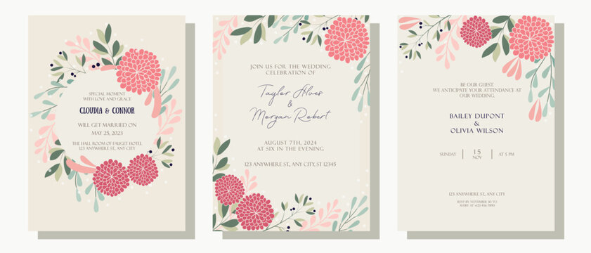 Set of wedding cards, invitations, postcards. Pink orange flowers and green leaves. Flower composition