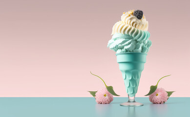 A blue plastic vase with balls of fruit ice cream. The sorbet is decorated with flowers, isolated on a pastel background. 3d render illustration. Generative AI art. Copy space.