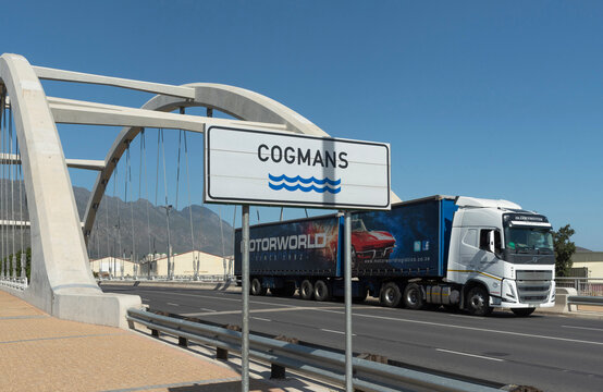 Ashton, Western Cape, South Africa. 2023. Truck with trailer crossing a bridge in South Africa