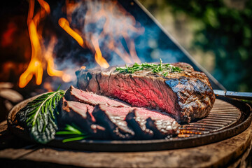 Grilled Picanha meat on a barbecue party traditional Brazilian barbecue concept.