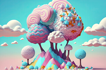 Candyland. Colorful landscape from sweets, candies, icecream. Rainbow beautiful fantastic land.  Generative AI.