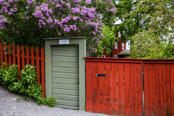 Red wooden fence with gate with flowering lilac trees in Stockholm, Sweden