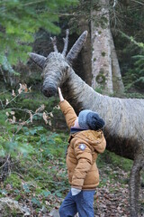 sculpture, cerf, paillage, art, nature, arbre, enfant, forêt, automnal, beauté, loisir, garçon, parc, vert