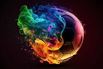 Soccer ball in colorful flame. Conceptual illustration of  champion goal, powerful game, exploding sport. Sport ball in rainbow fire.