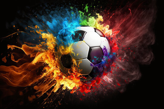 Soccer ball in colorful flame. Conceptual illustration of  champion goal, powerful game, exploding sport. Sport ball in rainbow fire.