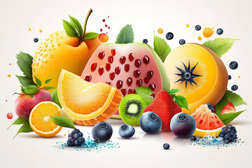 Fruits collection. Fictional fruits and berries still life on the white background.  Generative AI.