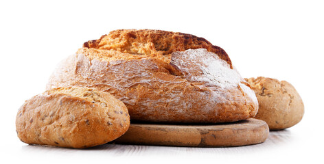 A loaf of bread and rolls isolated on white background