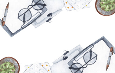 Top view of doctor desk table and office supplies. Watercolor illustration.