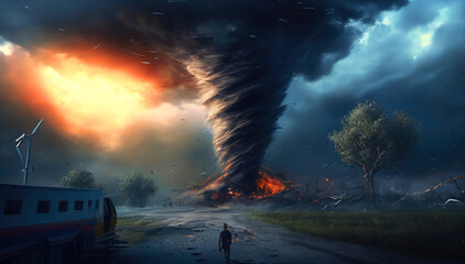 Obraz premium Giant Tornado destruction. Apocalyptic illustration, generative ai