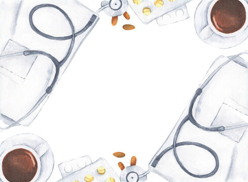 Top view of doctor desk table with stethoscope and coffee cup. Watercolor illustration.