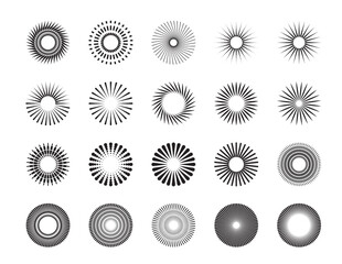 Radial lines in geometric round form. Sun logo. Retro speed lines pattern. Round swirl and curve movement spiral modern symbols.