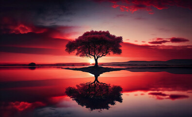 Fototapeta na wymiar A lonely tree with its reflection on the water. Tranquility, calm, serenity concept. Created with Generative AI technology.