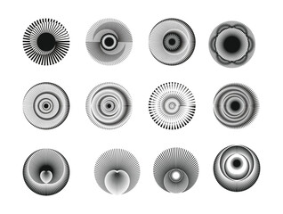 Set of circles with a black spiral on a white background and a white spiral on abstract geometric background. - obrazy, fototapety, plakaty