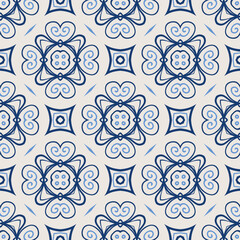 Vintage tile pattern. Seamless blue and white background with flower design