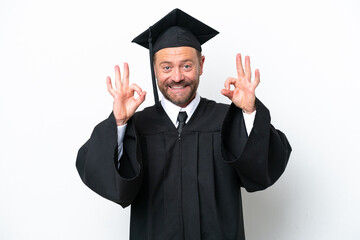 Middle age university graduate man isolated on white background showing an ok sign with fingers