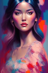 Young woman or girl with pretty face in acrylic painting style. The portrait is totally fictitious.