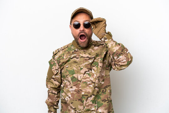 Military Man Isolated On White Background With Glasses And Surprised