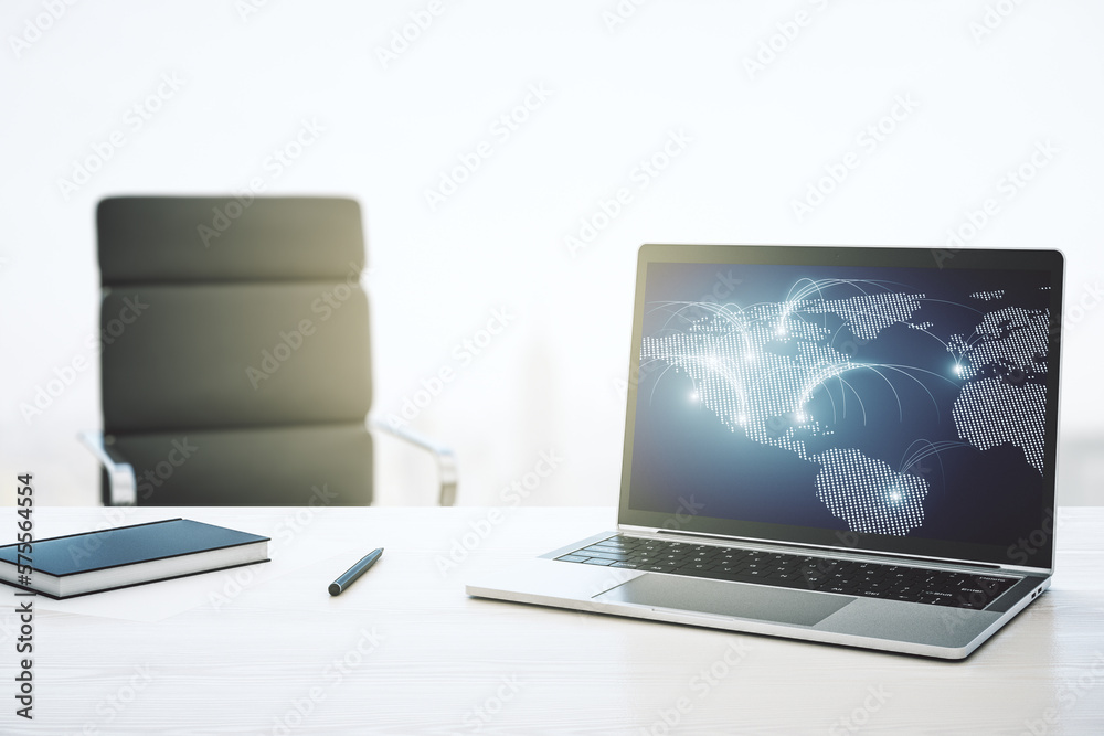 Aufkleber Modern computer monitor with abstract digital world map with connections, research and strategy concept. 3D Rendering
