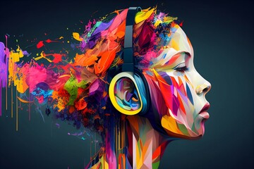 Person wearing headphones listening to music with emotions, Colorful background, creative, graphics-Created with Generative Ai