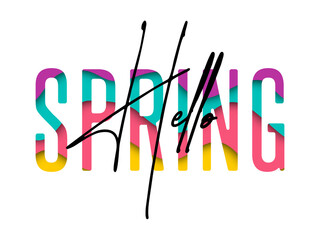 Hello Spring lettering phrase on blank background. Modern calligraphy inspirational quote. Vector illustration. 