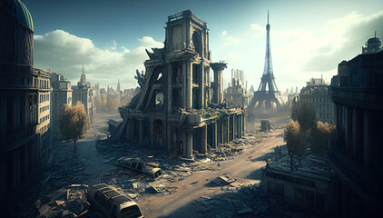 Naklejka premium An Apocalyptic Illustration Depicting the Devastating Consequences of a Destroyed City Left in Desolation. Generative ai