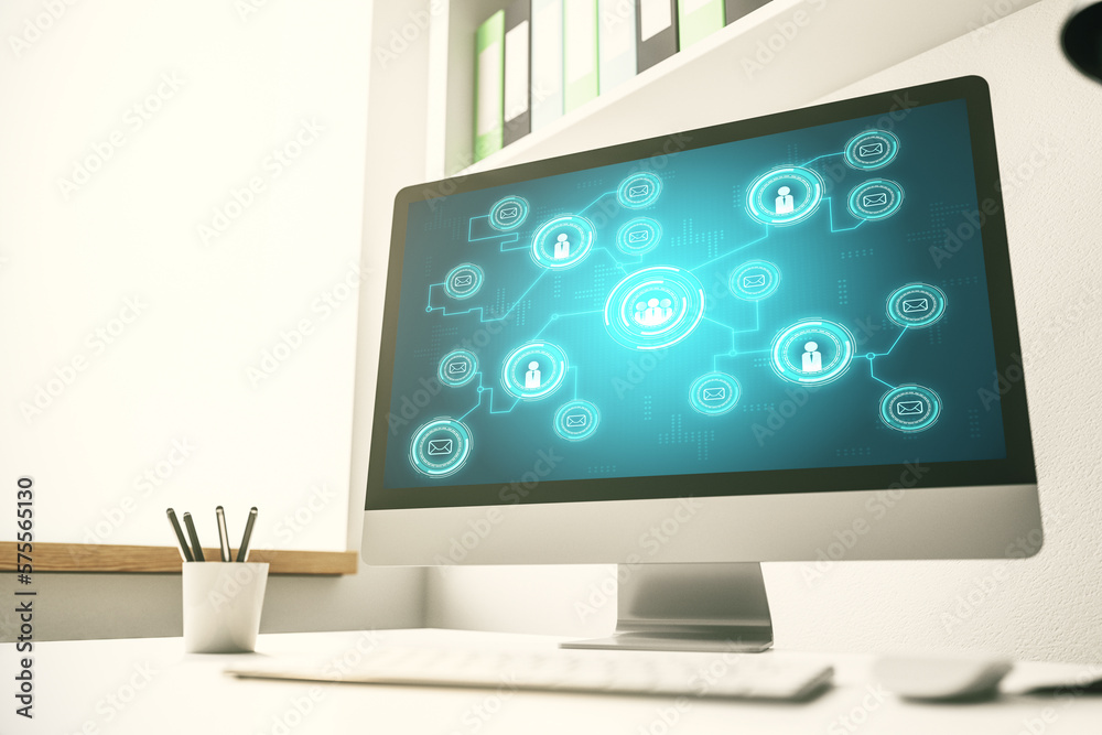 Poster Modern computer display with social network icons concept. Networking concept. 3D Rendering