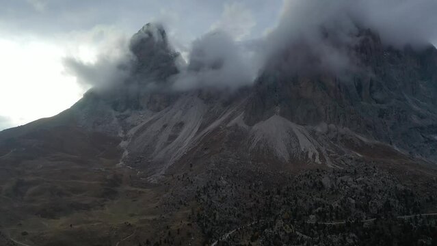 Aerial video of Monte Re Gosla in the Italian Dolomites (Passo Gio)