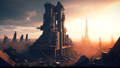 An Eerie Illustration Depicting the Aftermath of a Catastrophic Event that Left Paris in Ruins, Wreckage and Desolation. Generative ai.