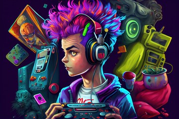 An Illustration of a Kid Having Fun Playing Video Games in a Funky World. Generative AI illustration.