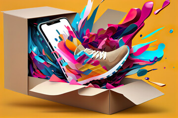 Abstract representation with online ordering via smartphone. Online shopping concept, fast delivery, gift giving. AI generated vector illustration.