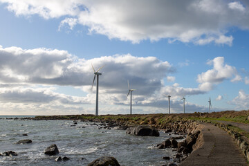 Wind turbines for electric power production, Wexford, Ireland.