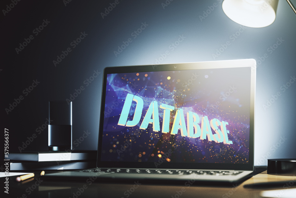 Fototapete Modern computer monitor with creative Database word hologram, research and development concept. 3D Rendering