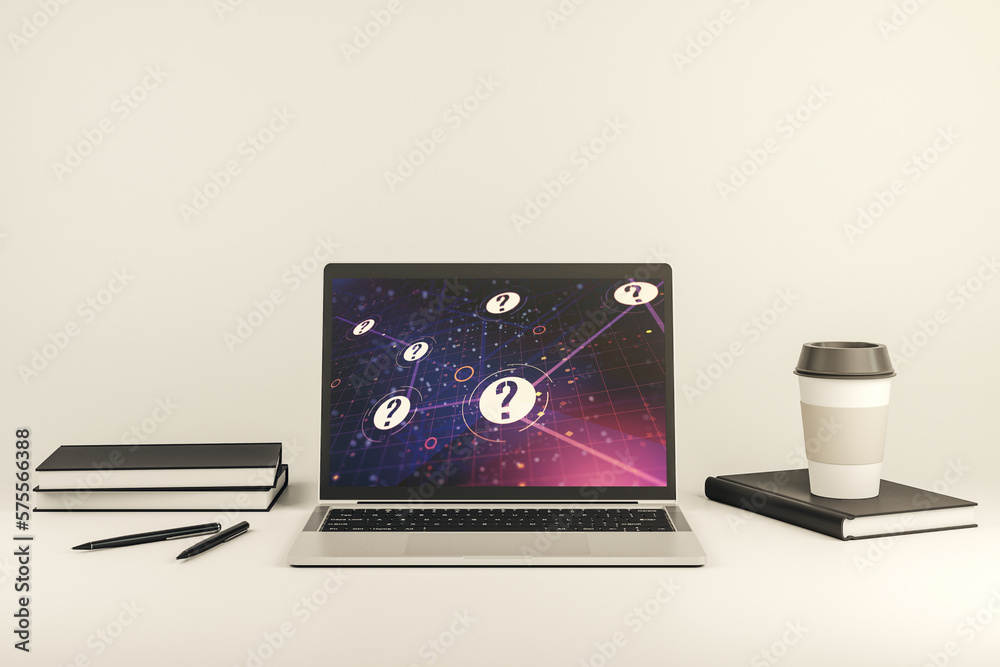 Aufkleber modern computer monitor with question mark hologram. sociology and psychology concept. 3d rendering