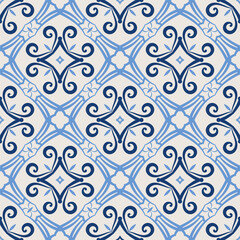 Vintage tile pattern. Seamless blue and white background with flower design