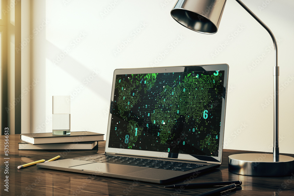 Poster computer monitor with abstract creative programming illustration and world map, big data and blockch