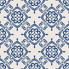 Vintage tile pattern. Seamless blue and white background with flower design