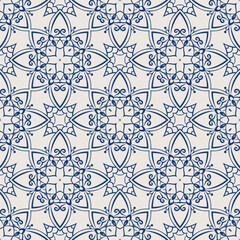 Vintage tile pattern. Seamless blue and white background with flower design