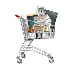Shopping cart full of school supplies and electronics