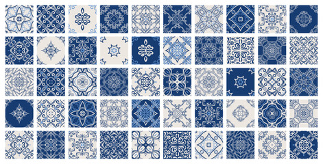 Vintage tile patterns set. Seamless blue and white background with flower design